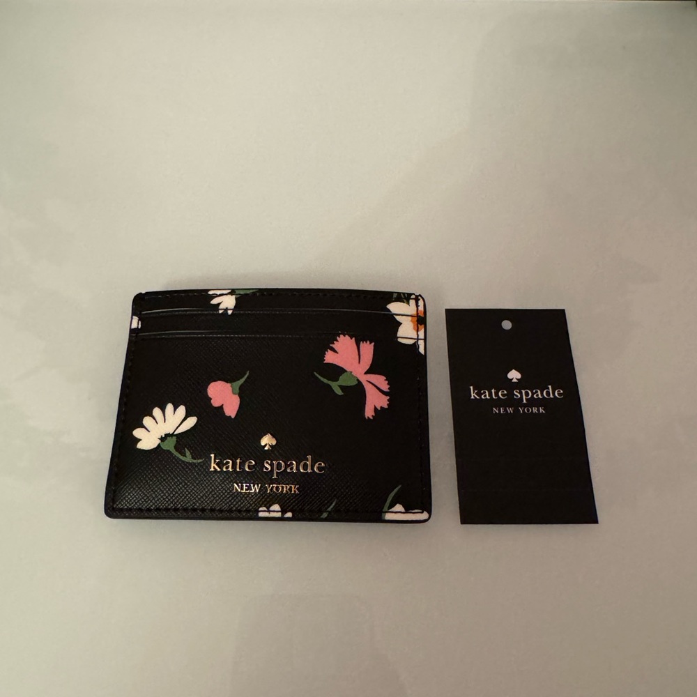 Kate Spade Black Floral Card Holder with Pink & White Blooms